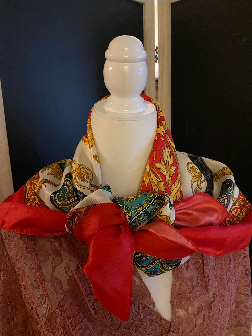 Vintage 80’s Large Baroque Red and Gold Motif Scarf
